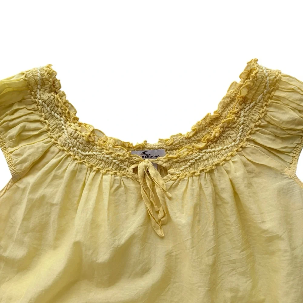 Coco Cabana Yellow Smocked Neck Cap-Sleeve Sheer Top Silk Cotton Blend XS - Picture 8 of 8